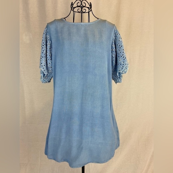 Eyelet Sleeve Pale Denim Chambray Blue Mini Dress by Style Envy Fairy Feminine - Picture 3 of 10